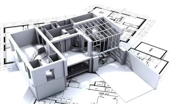 مخطط معماري ثلاثي الأبعاد يوضح توزيع الفراغات