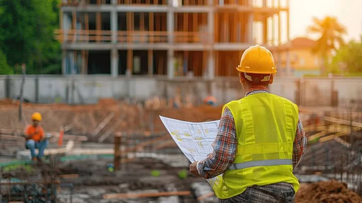 مهندس يراجع مخطط مشروع في موقع بناء